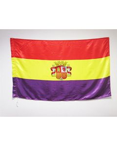 DRAPEAU ESPAGNOL RÉPUBLICAIN AVEC ÉCUSSON 150x90cm en SATIN - DRAPEAU ESPAGNE RÉPUBLICAINE 90 x 150 cm Fourreau pour hampe