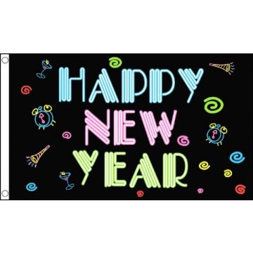 DRAPEAU BONNE ANNÉE NÉON 150x90cm - DRAPEAU HAPPY NEW YEAR - NOUVEL AN 90 x 150 cm - DRAPEAUX