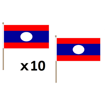 DRAPEAU LAOS 45x30cm HAMPE en bois - LOT DE 10 DRAPEAUX LAOSIEN 30 x 45 cm