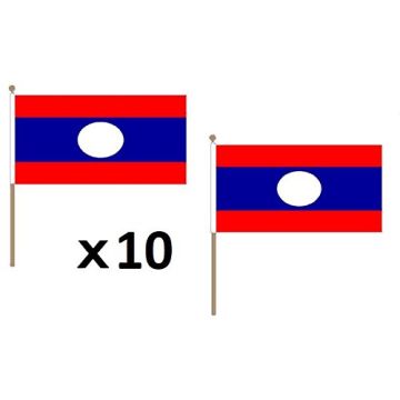 DRAPEAU LAOS 45x30cm HAMPE en bois - LOT DE 10 DRAPEAUX LAOSIEN 30 x 45 cm