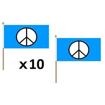 DRAPEAU SYMBOLE PAIX BLEU 45x30cm HAMPE en bois - LOT DE 10 DRAPEAUX PEACE 30 x 45 cm