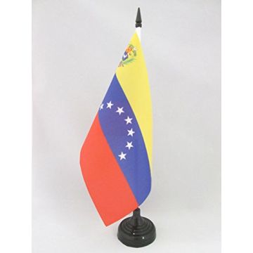 DRAPEAU DE TABLE VÉNÉZUELA ANCIEN AVEC ECUSSON 21x14cm - PETIT DRAPEAUX DE BUREAU VÉNÉZUELIEN 7 ÉTOILES 14 x 21 cm