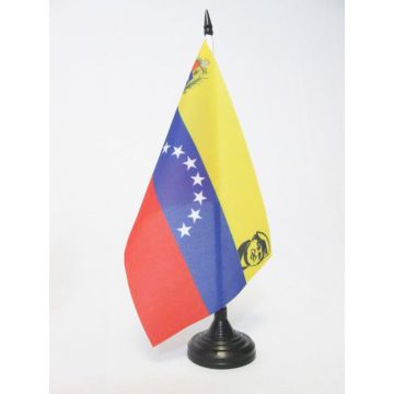 DRAPEAU DE TABLE VENEZUELA AVEC HUGO CHAVEZ 21x14cm - PETIT DRAPEAUX DE BUREAU VENEZUELIEN 14 x 21 cm