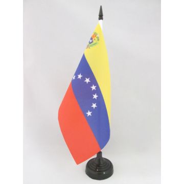 DRAPEAU DE TABLE VÉNÉZUELA ANCIEN AVEC ECUSSON 21x14cm - PETIT DRAPEAUX DE BUREAU VÉNÉZUELIEN 7 ÉTOILES 14 x 21 cm
