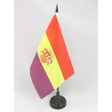 DRAPEAU DE TABLE ESPAGNOL RÉPUBLICAIN AVEC ÉCUSSON 21x14cm - PETIT DRAPEAUX DE BUREAU ESPAGNE RÉPUBLICAINE 14 x 21 cm