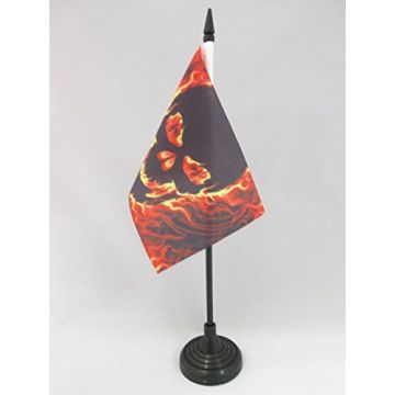 DRAPEAU DE TABLE TÊTE DE MORT AVEC FEU 15x10cm - PETIT DRAPEAUX DE BUREAU PIRATE 10 x 15 cm