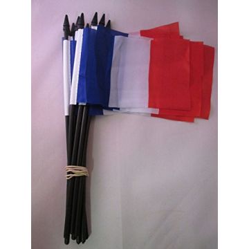 DRAPEAU FRANCE 15x10cm avec HAMPE - LOT DE 10 DRAPEAUX FRANÇAIS 10 x 15 cm